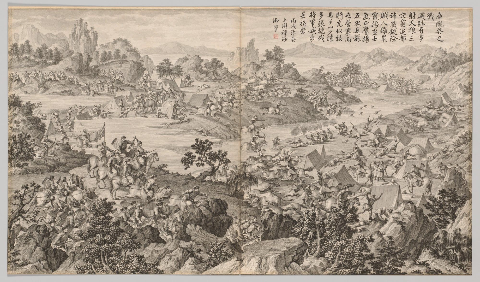 Battle of Kulongkui: from Battle Scenes of the Quelling of Rebellions in the Western Regions, with Imperial Poems, c. 1765–74; poem dated 1766